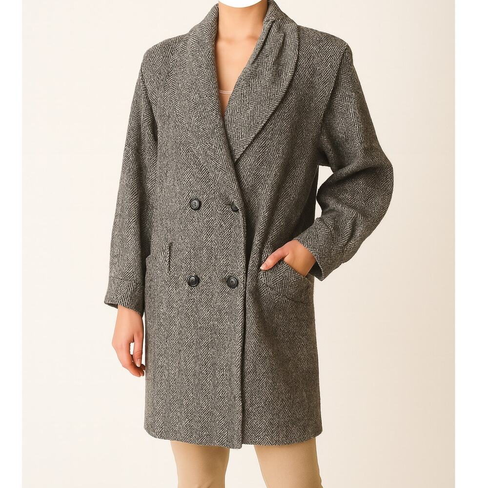 Vintage 80s Herringbone Wool Coat Double Breasted Shawl Collar USA Sz Medium